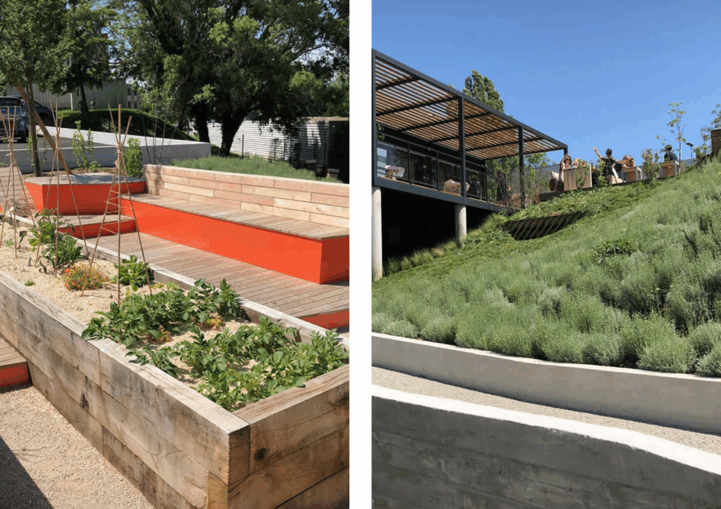 Bacs potagers d'entreprise et talus planté – Le perchoir paysage Bacs potagers surélevés en bois et aménagement d'un talus végétalisé avec des plantes de climat méditerranéen