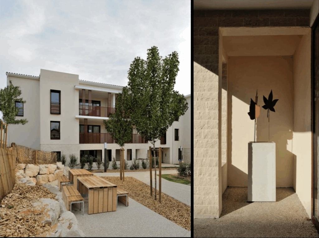 Mobilier de pique-nique en bois, enrochement et sculpture en acier d'une résidence à Feyzin