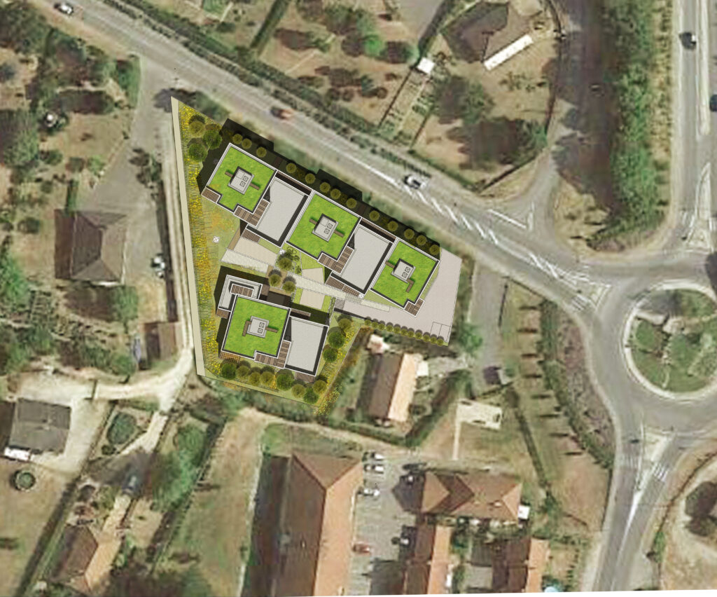 Plan masse du projet résidentiel – Le perchoir paysage Plan masse et insertion paysagère sur vue aérienne pour le projet résidentiel à Morestel