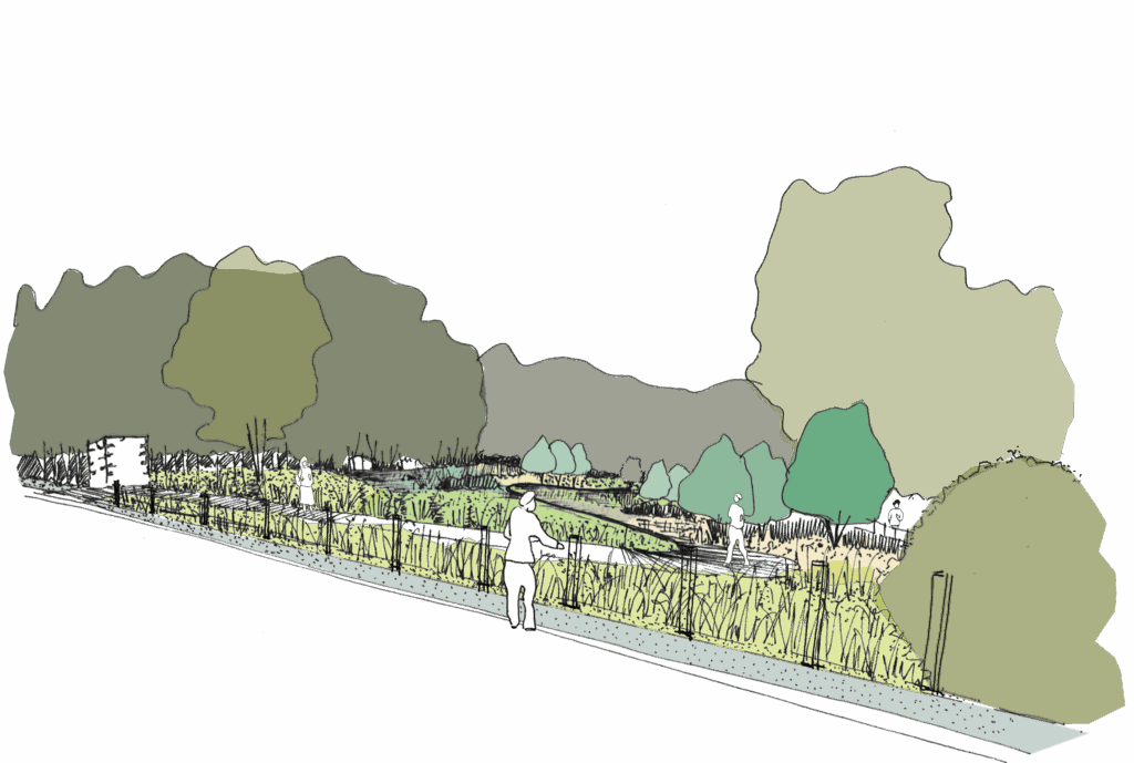 Croquis en perspective du parcours pédagogique et de l'aménagement paysager écologique du BeKeeper Lab à Lissieu