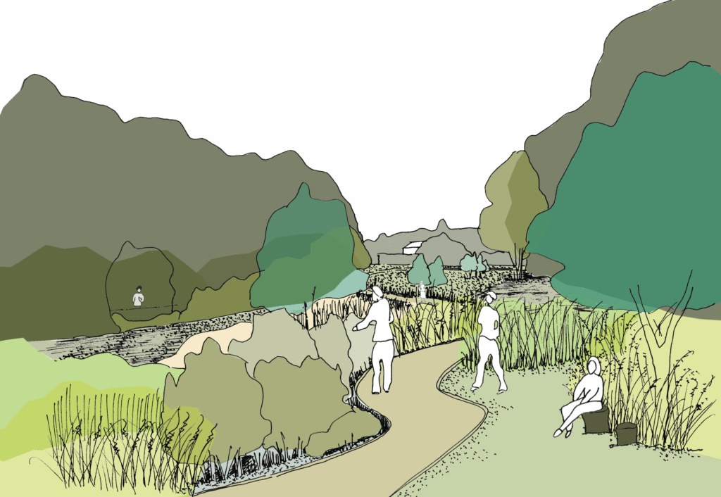 Croquis d'une forêt jardinée et renaturation d'un boisement pour le BeKeeper Lab à Lissieu