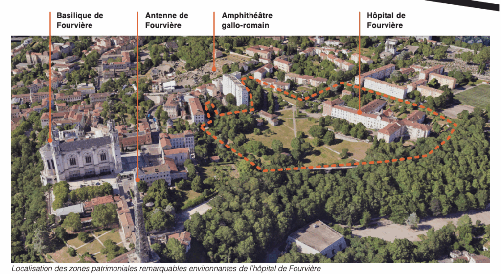Diagnostic patrimonial et insertion urbaine – Le perchoir paysage Vue aérienne et diagnostic patrimonial des abords de l'hôpital de Fourvière à Lyon
