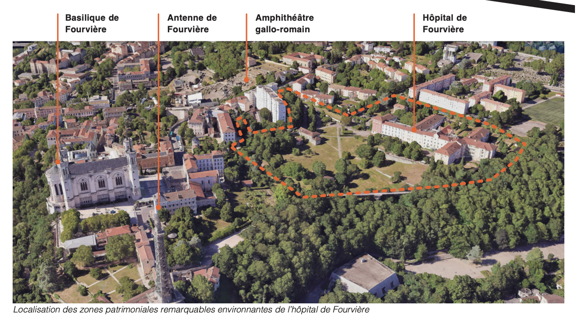 Localisation des zones patrimoniales remarquables environnantes de l’hôpital de Fourvière par le perchoir paysage 