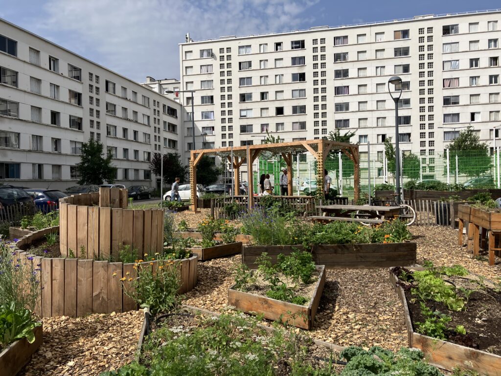 Bacs potagers surélevés en bois, pergolas et cheminements en paillage de la ferme urbaine Le 8ème Cèdre