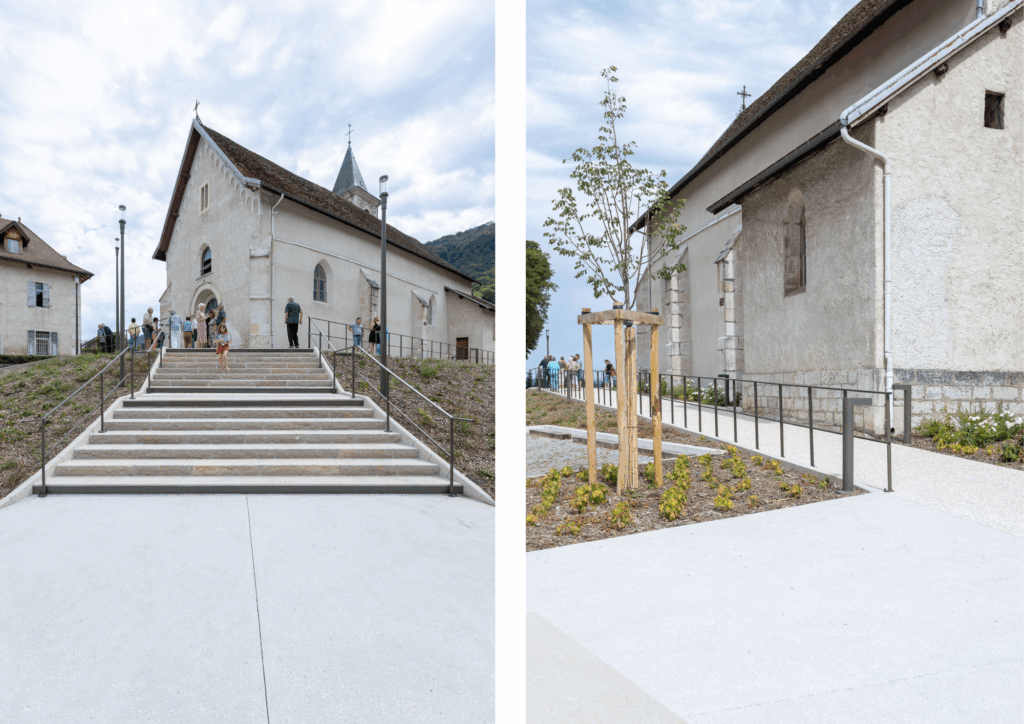 Aménagement de l'escalier d'accès et des rampes PMR – Le perchoir paysage Escalier monumental en béton, rampes PMR et aménagement du parvis de l'église à Saint-Béron