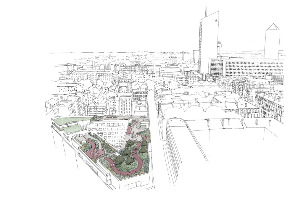 Croquis en axonométrie de la toiture végétalisée du Stratège et insertion dans la skyline de Lyon