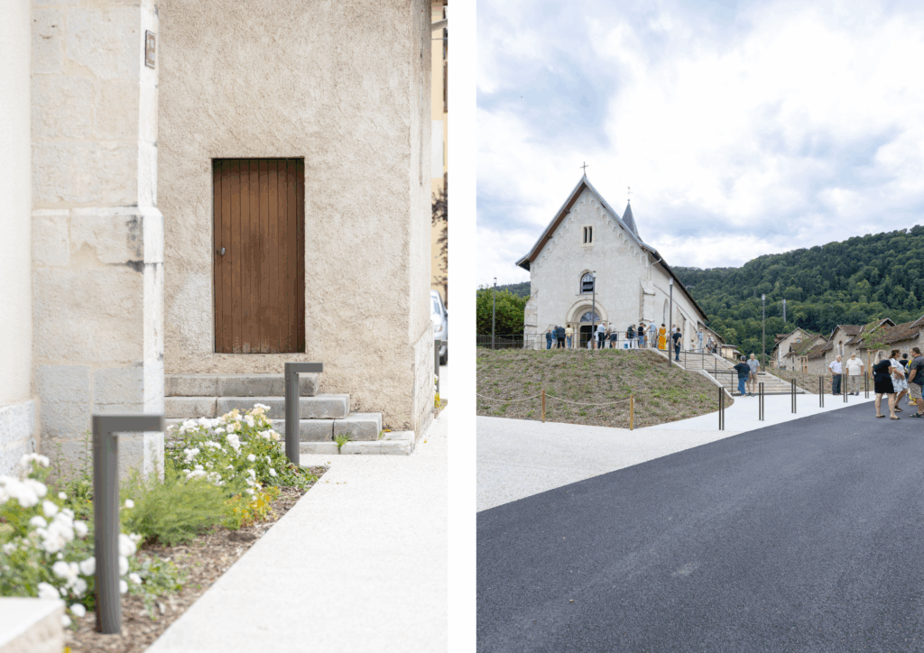 Aménagement paysager des abords et accès en béton – Le perchoir paysage Escaliers en béton, massifs fleuris vivaces et aménagement paysager autour de l'église à Saint-Béron