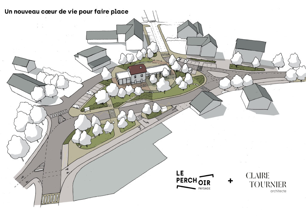 Croquis en axonométrie du projet de réaménagement du cœur de vie à Saint-Nizier-du-Moucherotte