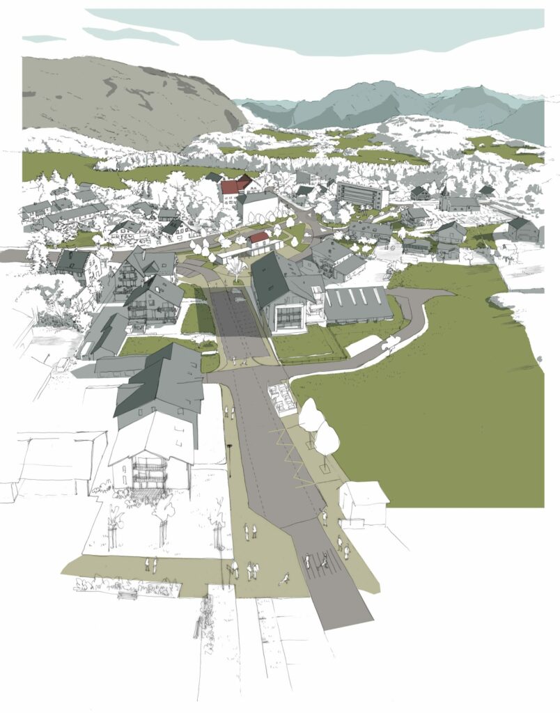 Croquis en axonométrie de la place de village et aménagement de l'espace public de montagne à Saint-Nizier-du-Moucherotte