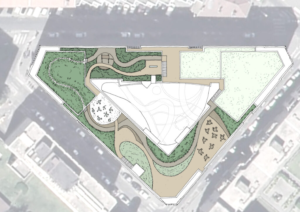 Plan de masse et aménagement paysager de la toiture végétalisée pour l'immeuble Le Stratège à Lyon 6