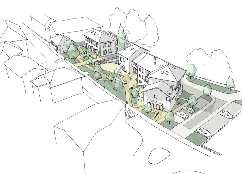 Croquis en axonométrie du réaménagement de la place de la mairie et de l'espace public végétalisé à Charavines