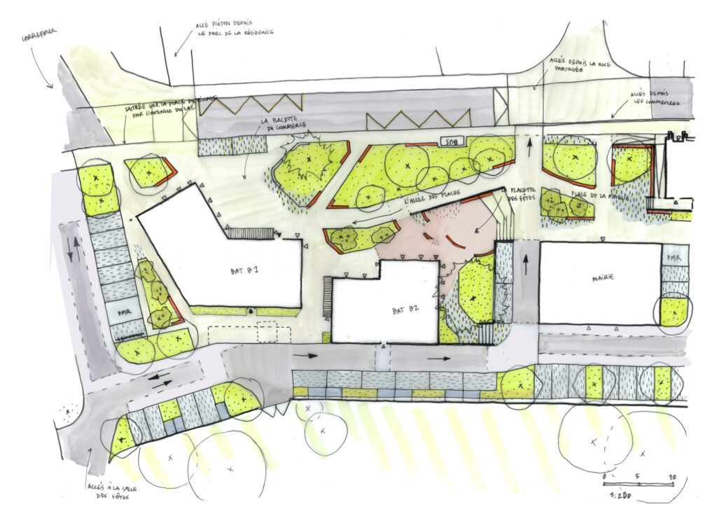 Plan masse du projet d'aménagement paysager de la place centrale de Charavines