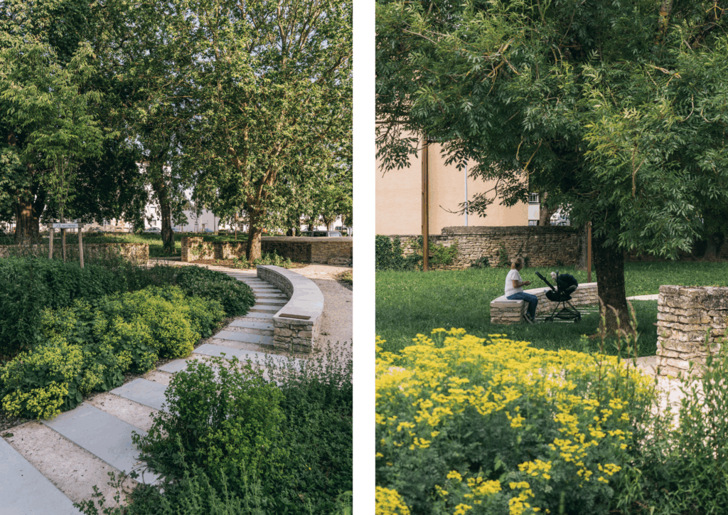 Aménagement paysager du parc et murets en pierre – Le perchoir paysage Murets d'assise en pierre, cheminements minéraux et massifs de fleurs vivaces jaunes dans un parc