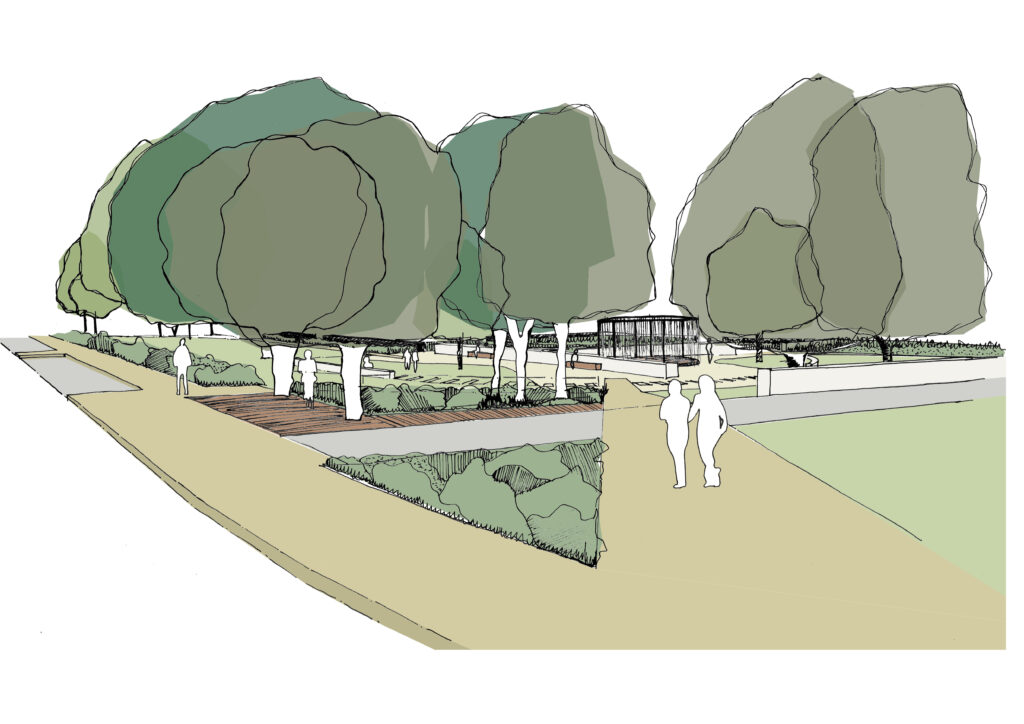 Croquis d'ambiance des cheminements paysagers du square – Le perchoir paysage Croquis en perspective des alignements d'arbres, massifs plantés et cheminements du square de l'Arlequin