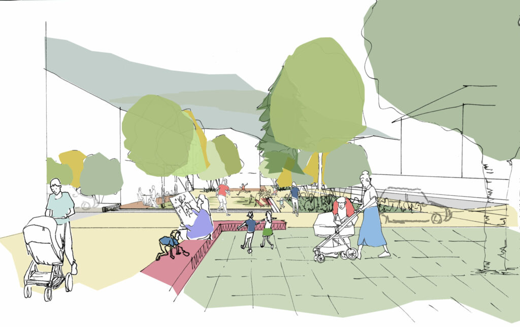 Croquis en perspective de la place de la mairie piétonne et végétalisée à Charavines