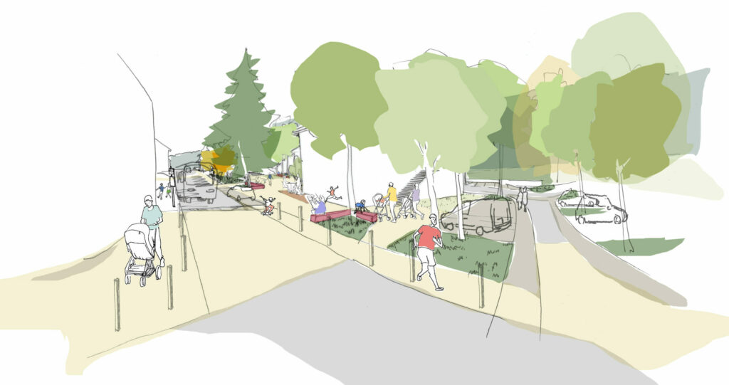 Croquis en perspective des aménagements des cheminements piétons à Charavines