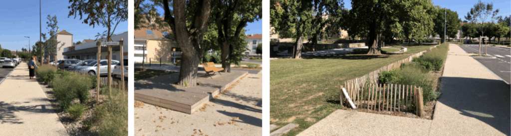 Aménagement paysager de l'avenue, plateforme d'assise en bois et noues végétalisées à Chagny
