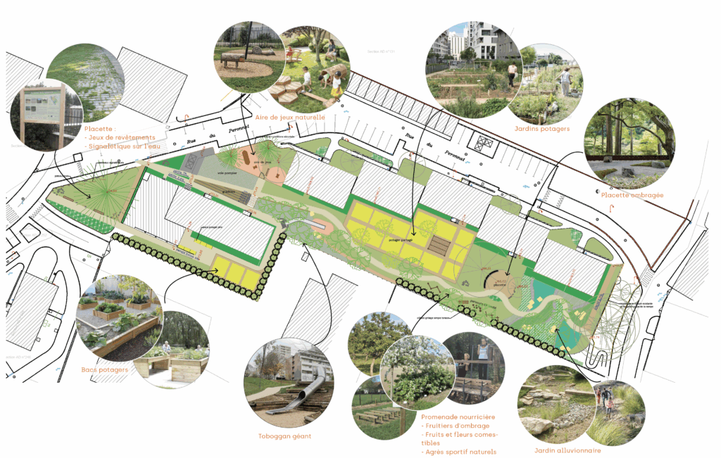 Planche de programmation paysagère et plan de masse de la balade nourricière à Vernaison
