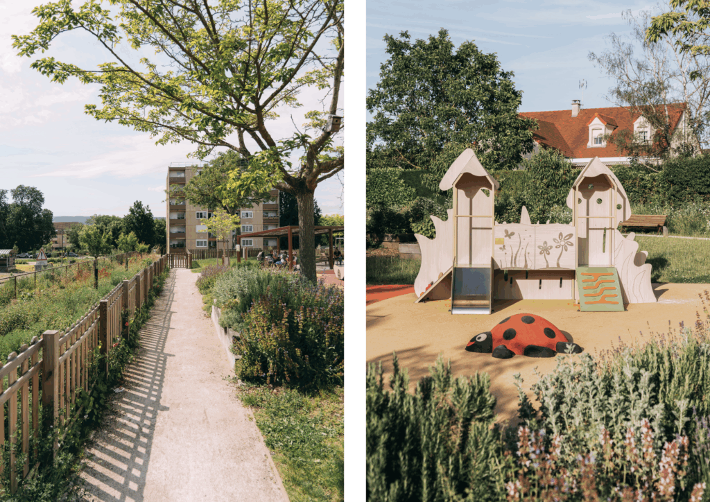 Aménagement de l'aire de jeux et des cheminements – Le perchoir paysage Cheminement piéton en stabilisé, clôture en bois et aire de jeux pour enfants au square Bellevue