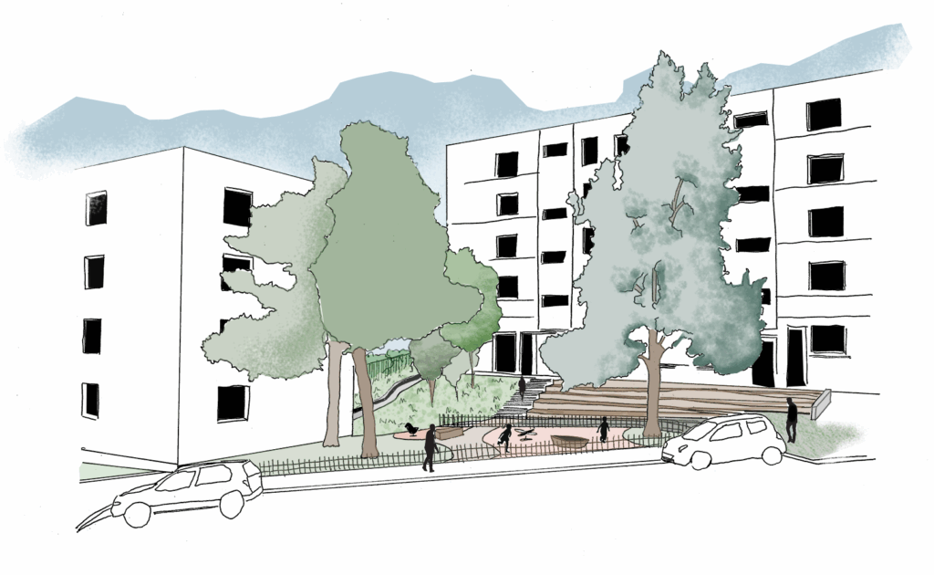 Croquis en perspective des abords végétalisés, stationnements et façades de la résidence du Peronnet