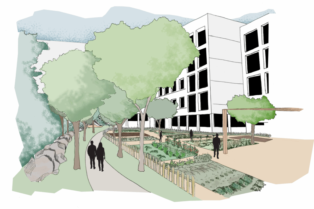 Croquis d'ambiance des jardins partagés résidentiels – Le perchoir paysage Croquis en perspective des jardins partagés et de l'aménagement paysager résidentiel du Peronnet