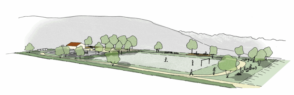 Croquis en axonométrie de l'aménagement paysager du terrain multisport face aux montagnes à Sinard