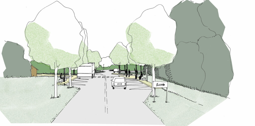 Croquis en perspective du réaménagement paysager d'une entrée de bourg avec alignement d'arbres