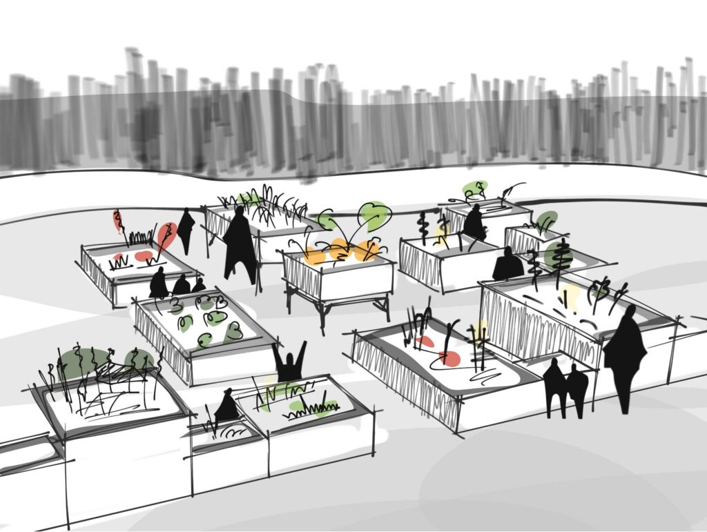 Illustration du jardin pédagogique – Le perchoir paysage Croquis en perspective du projet de jardin pédagogique pour l'école Jacques Prévert à Villeurbanne