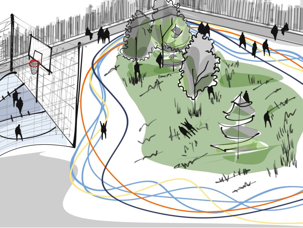 Illustration de l'espace de jeux actifs – Le perchoir paysage Croquis d'aménagement de l'espace de jeux actifs de la cour d'école Jacques Prévert à Villeurbanne
