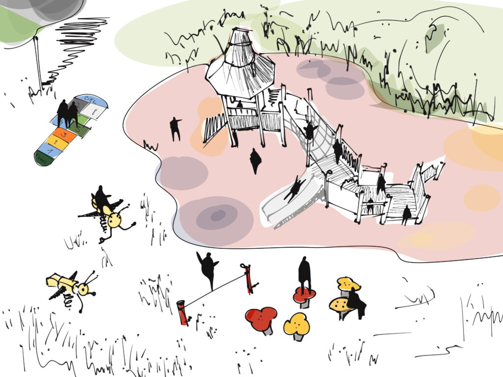 Illustration de la zone de jeux et sols perméables – Le perchoir paysage Croquis illustrant la zone de jeux et les sols perméables de la cour d'école Jacques Prévert à Villeurbanne