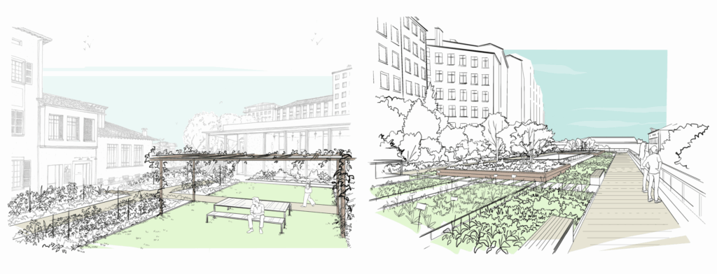 Croquis de terrasses partagées, pergolas et jardins potagers pour le parc de la Clinique Saint Charles