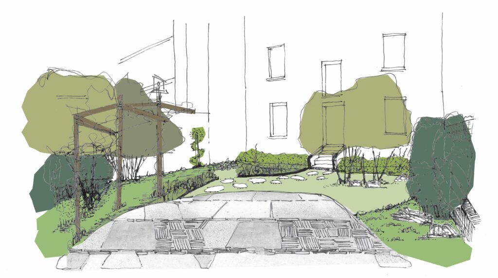 Croquis d'une pergola et de mobilier en bois de robinier réemployé dans un jardin de résidence à Lyon