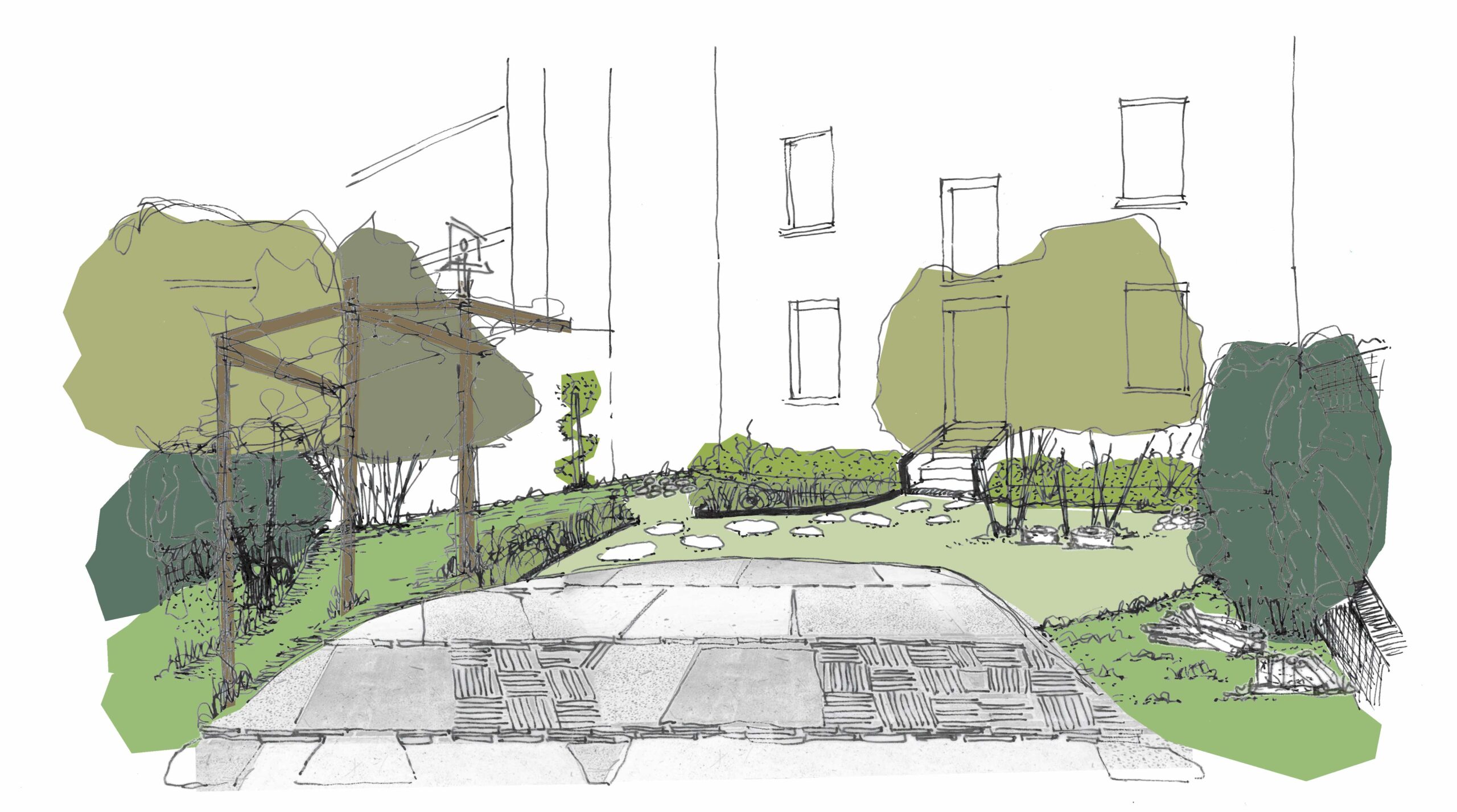 Pergola et mobilier en bois réemployé dans le jardin de biodiversité de la Résidence Amiral Courbet