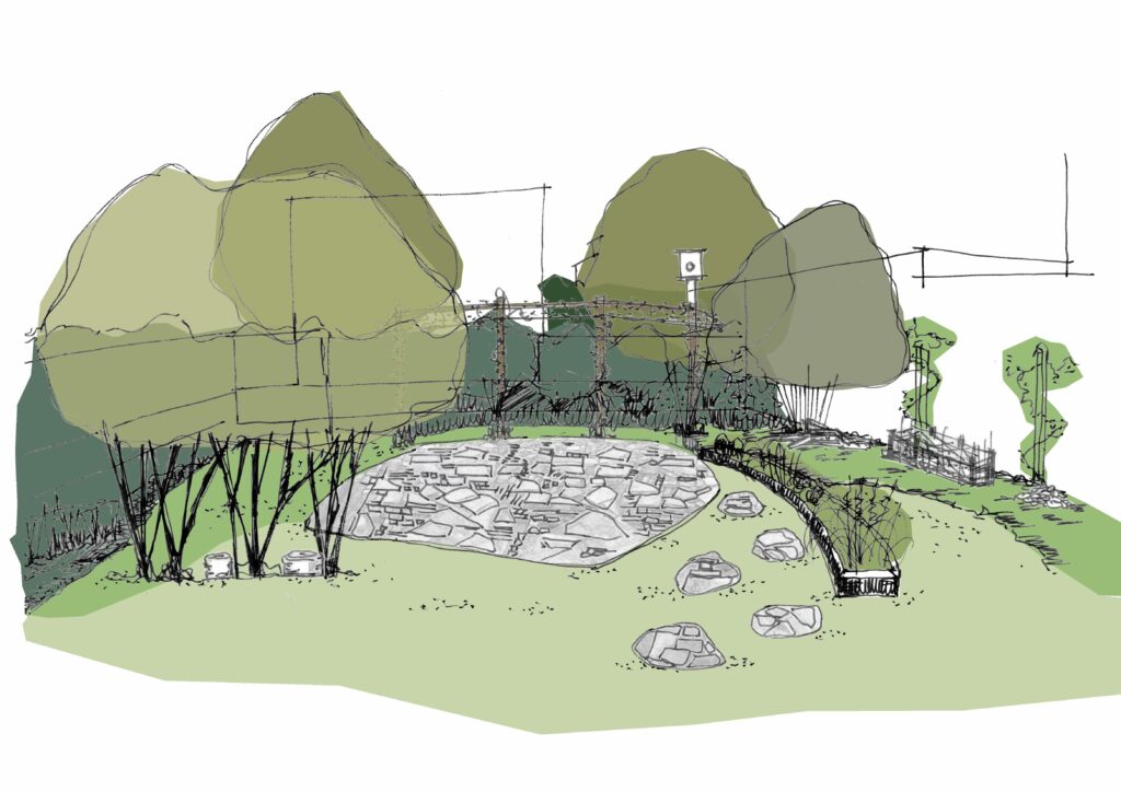 Croquis de pas japonais en matériaux réemployés pour le jardin de biodiversité d'une résidence à Lyon