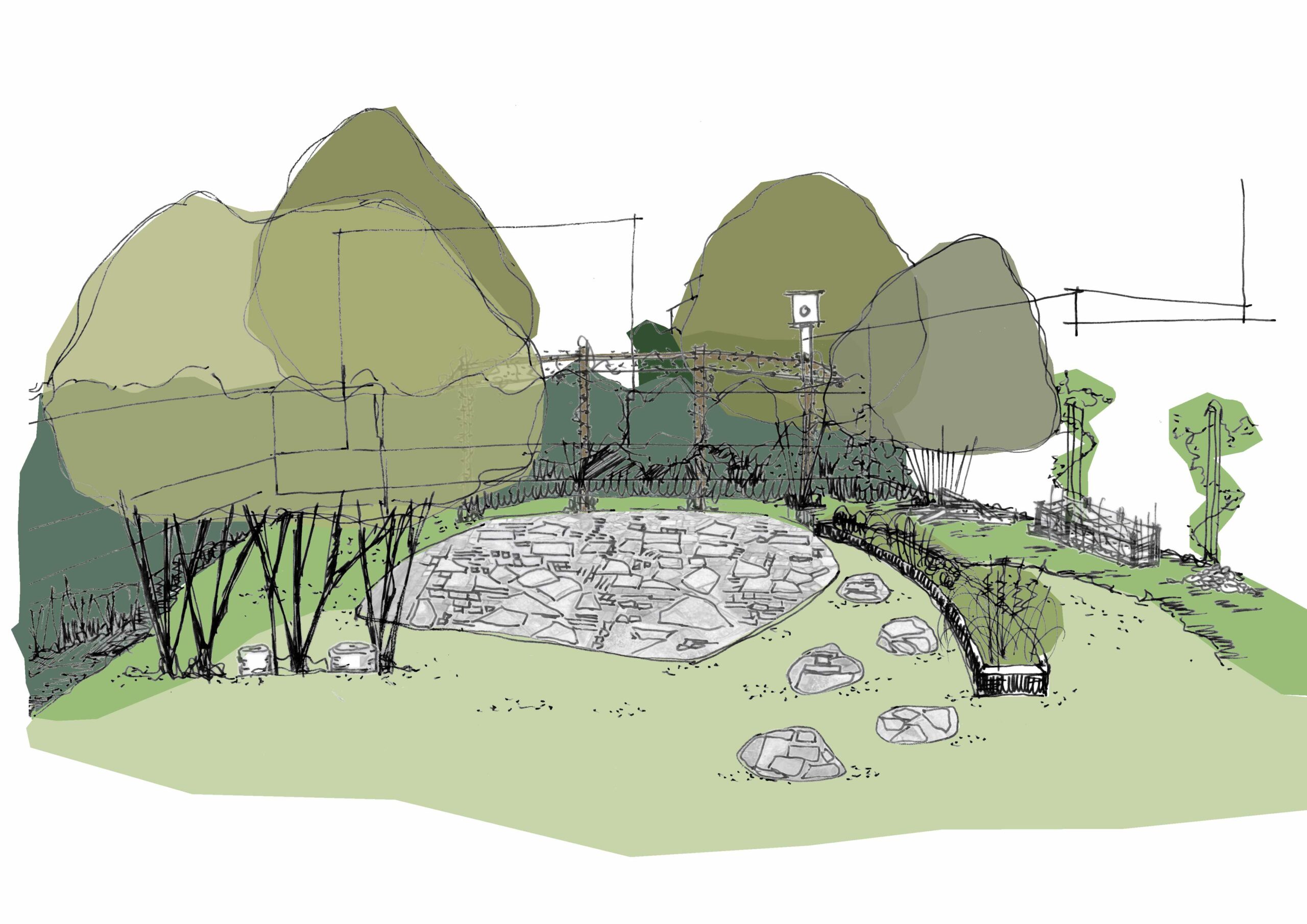 Pas japonais réalisés en matériaux réemployés pour le jardin de biodiversité de la Résidence Amiral Courbet