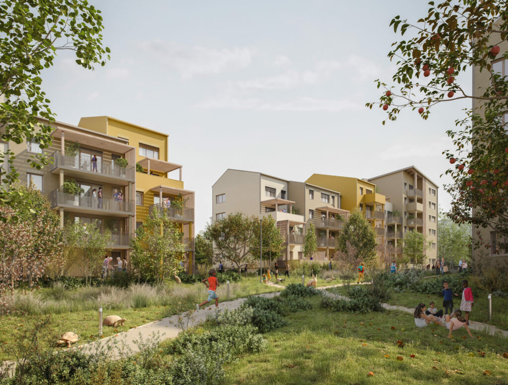 Rendu 3D du cœur d'îlot boisé et des aménagements paysagers d'une résidence neuve à Rillieux-la-Pape