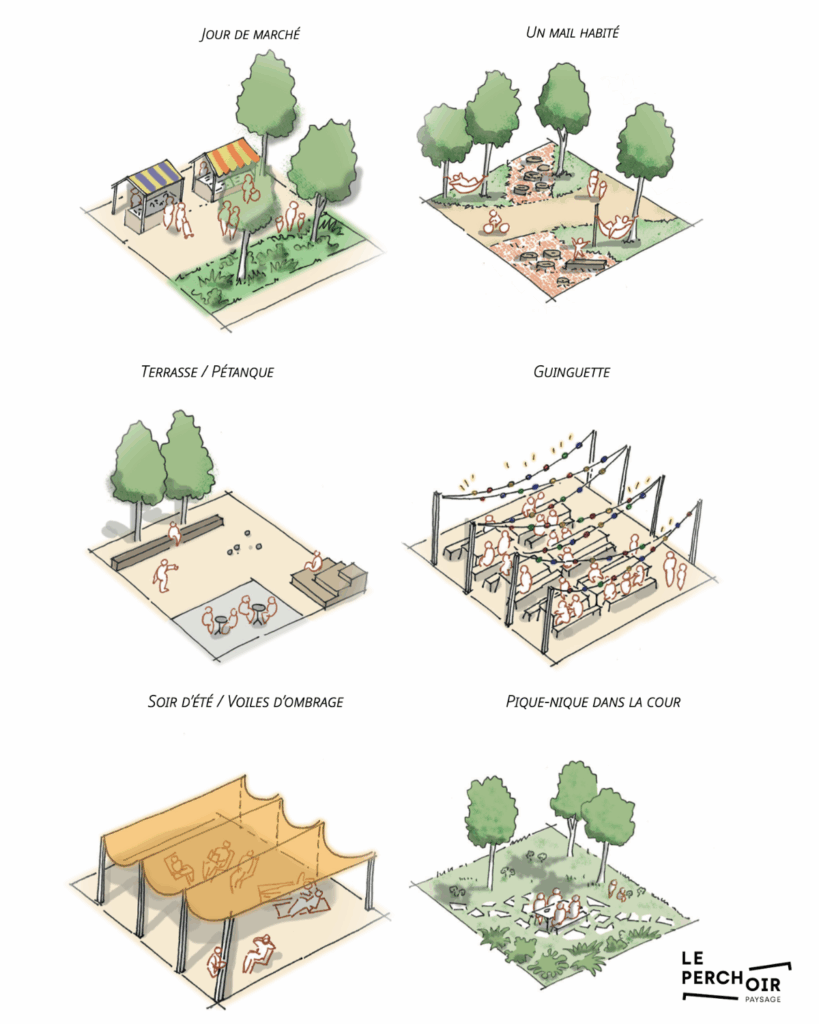 Croquis des différents usages et ambiances paysagères pour le parvis d'un pôle d'équipements publics à Ambérieu-en-Bugey