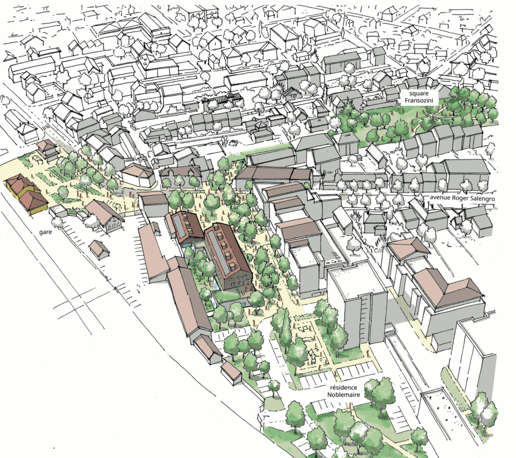 Illustration axonométrique de l'aménagement urbain de la place Sémard et de son pôle d'équipements publics à Ambérieu-en-Bugey