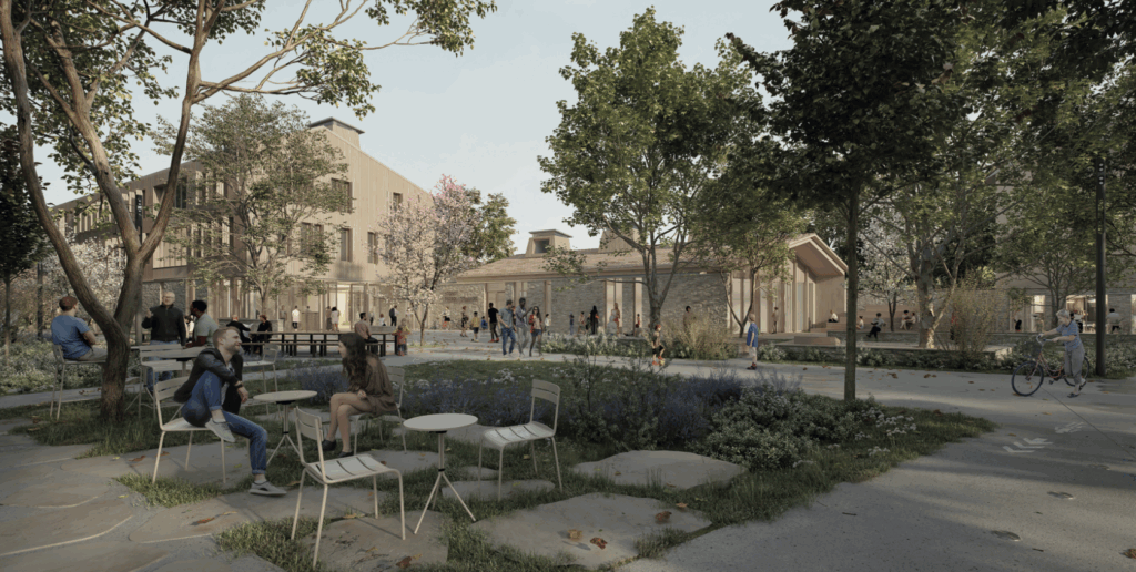 Rendu 3D des espaces de détente et terrasses végétalisées sur la place Sémard à Ambérieu-en-Bugey