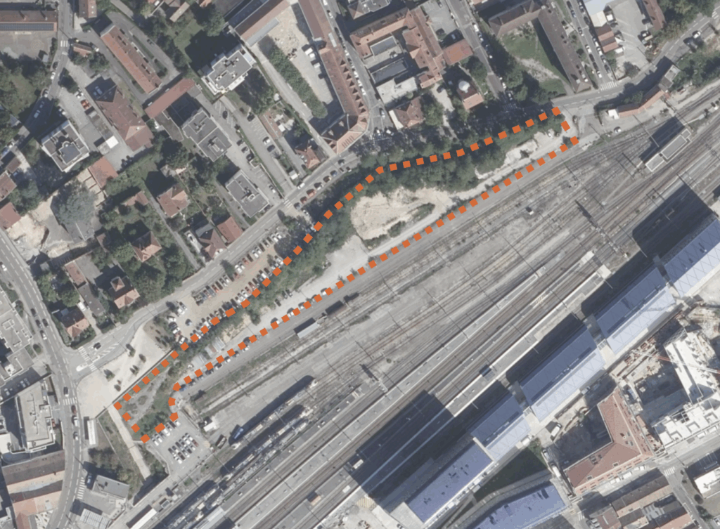 Plan de situation et périmètre d'intervention du projet – Le perchoir paysage Plan de situation aérien et délimitation de la zone de projet paysager le long des voies ferrées à Besançon.