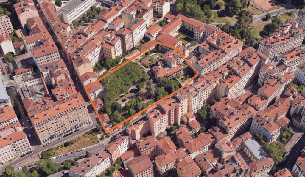 Aménagement du parc paysager de la clinique – Lyon – Le perchoir paysage Vue aérienne du projet d'aménagement d'un parc paysager pour une clinique à Lyon
