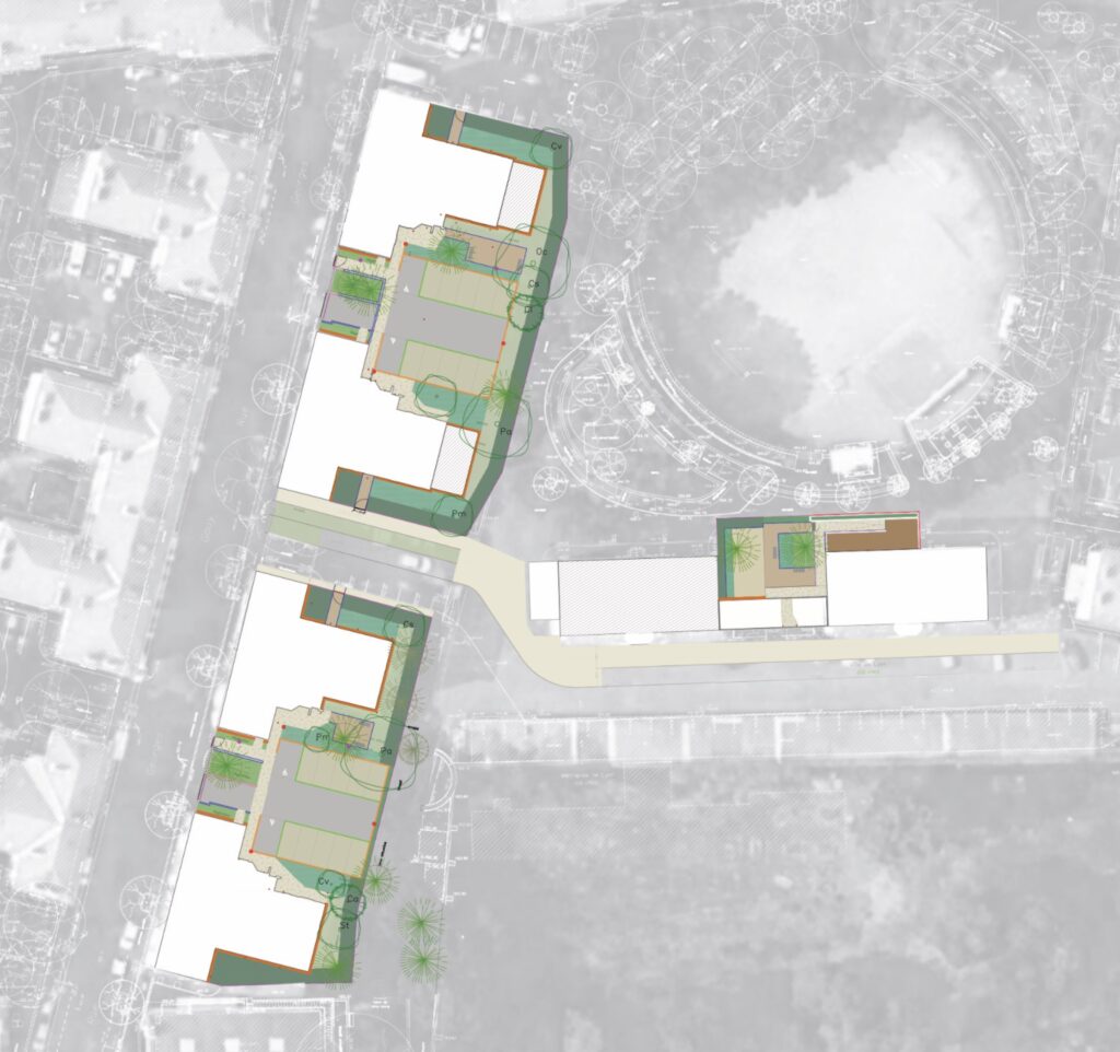 Plan masse du projet d'aménagement des espaces extérieurs de la Cité Jardin de Gerland à Lyon