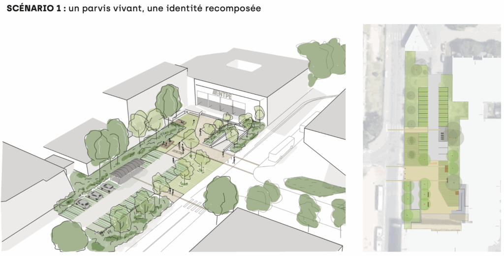 Esquisse d'aménagement en perspective et plan de masse pour le parvis d'entrée de l'ENTPE à Vaulx-en-Velin