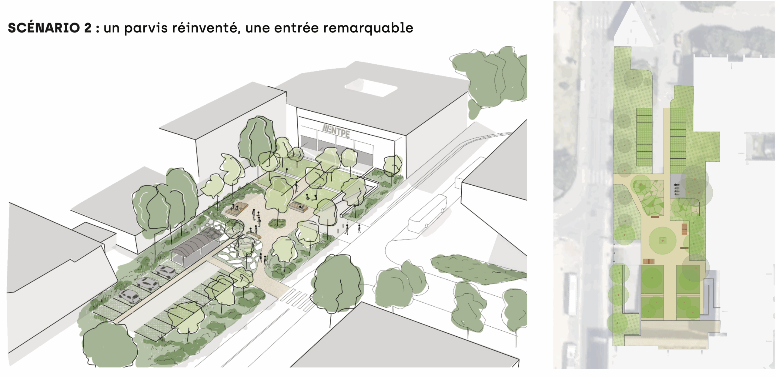 Esquisse du parvis d’entrée de l’ENTPE à Vaulx-en-Velin, intégration du végétal et usages étudiants, scénario 2