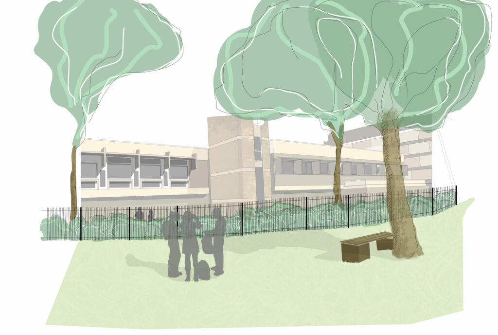 Croquis d'aménagement des limites de site et de la clôture paysagère de l'ENTPE à Vaulx-en-Velin