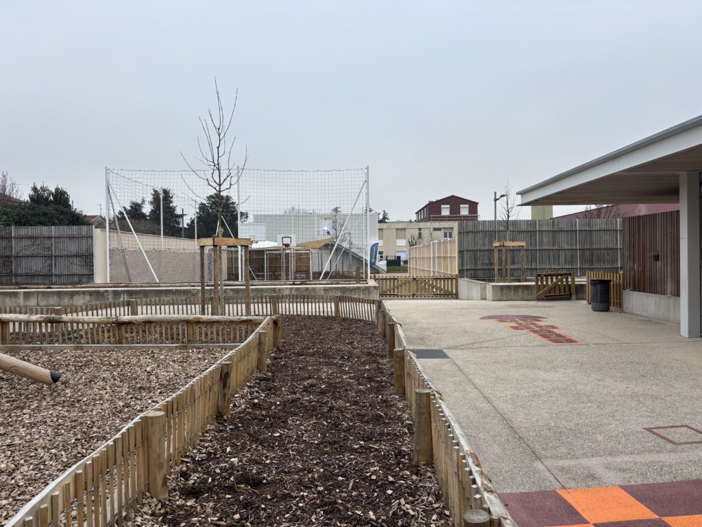 Réaménagement végétalisé et copeaux de bois pour la cour du groupe scolaire Salvador Allende à Saint-Fons