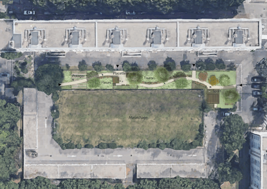 Plan de masse de la micro-ferme urbaine Leynaud – Le perchoir paysage Plan de masse et conception paysagère de la micro-ferme urbaine pour la résidence Leynaud à Lyon