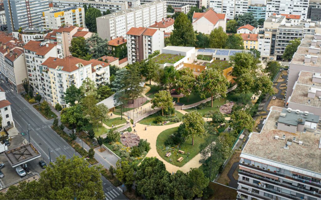 Axonométrie du projet de cour d'école Vue en axonométrie du projet de réaménagement paysager de la cour d'école Jacques Prévert à Villeurbanne