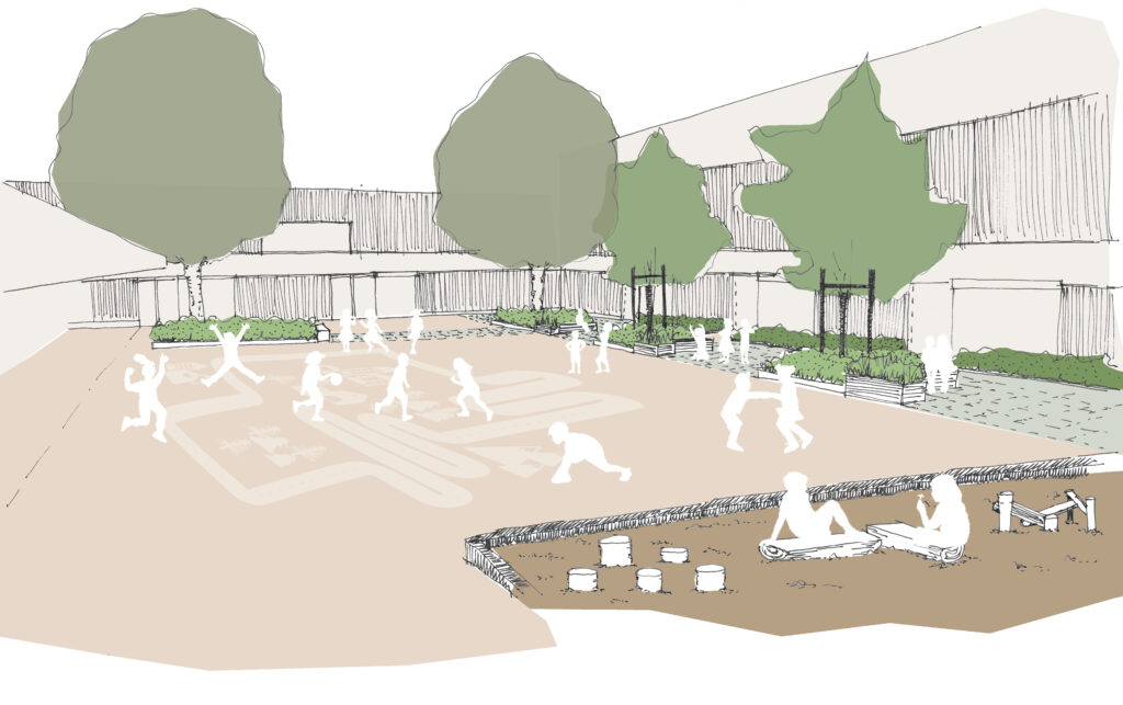 Croquis en perspective des structures de jeux et aménagements de la cour du groupe scolaire Salvador Allende