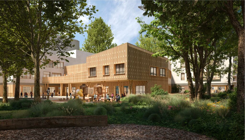 Perspective des structures de jeux en bois Rendu 3D d'une cabane et de structures de jeux en bois dans une cour d'école à Villeurbanne